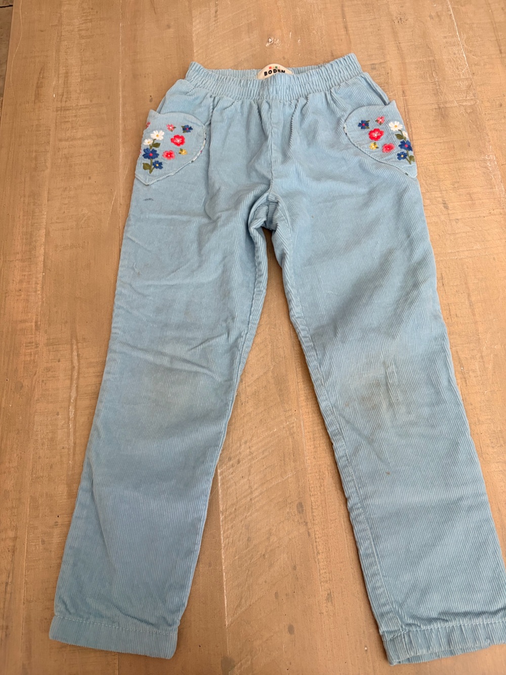 MB Girls' Light Blue Corduroy Pants with Floral Pockets